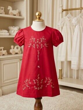 Love Me Hand Embroidered Red Heirloom Puff Sleeve A-Line Dress 2T
